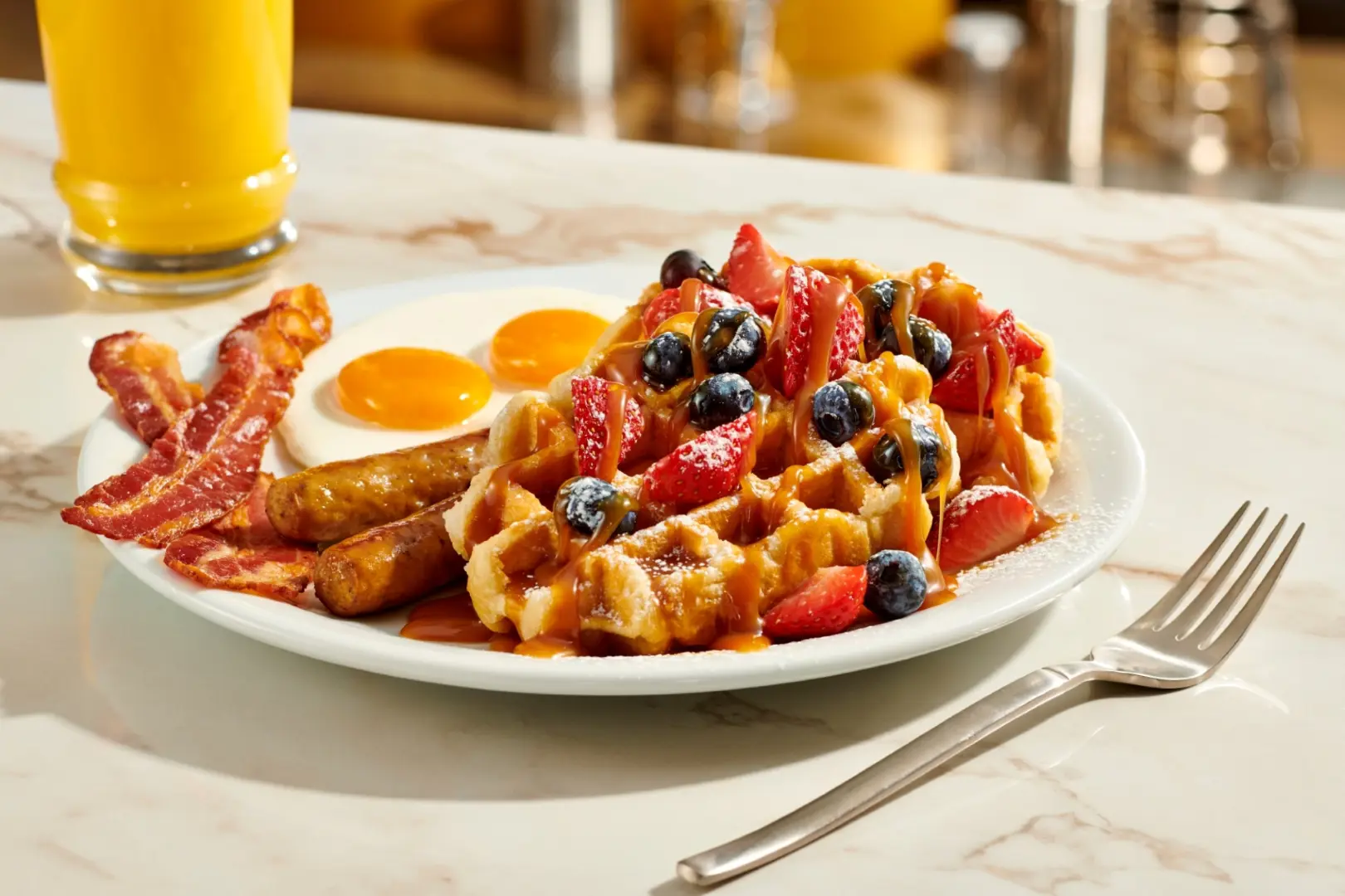 Breakfast plate including waffles topped with fresh blueberries and strawberries and sunny-side-up eggs on the side.